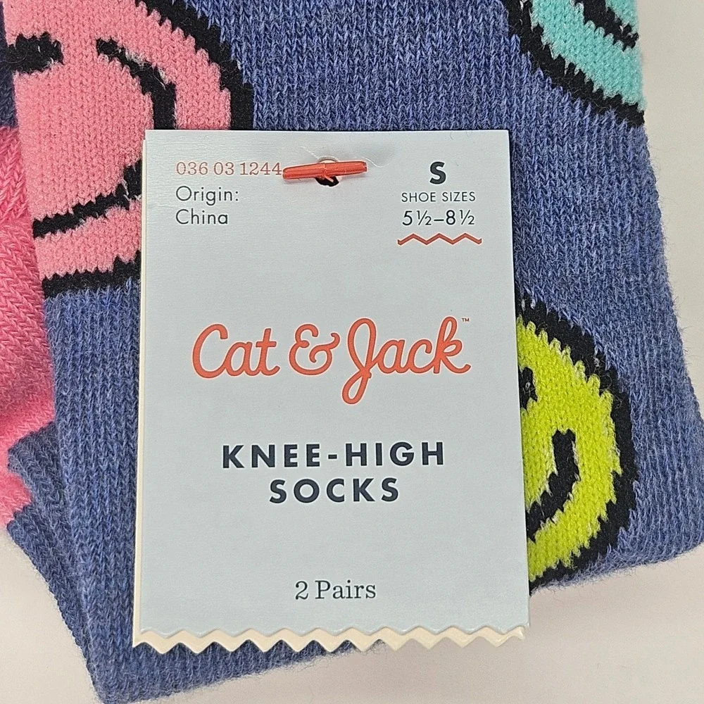 Cat & Jack Kids Knee High Socks 2‎ Pairs Smiley Face Print Size S Shoe 5.5-8.5